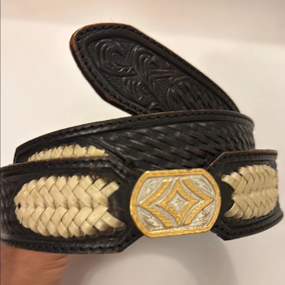 Black and Tan Woven Leather Belt with Silver Buckle